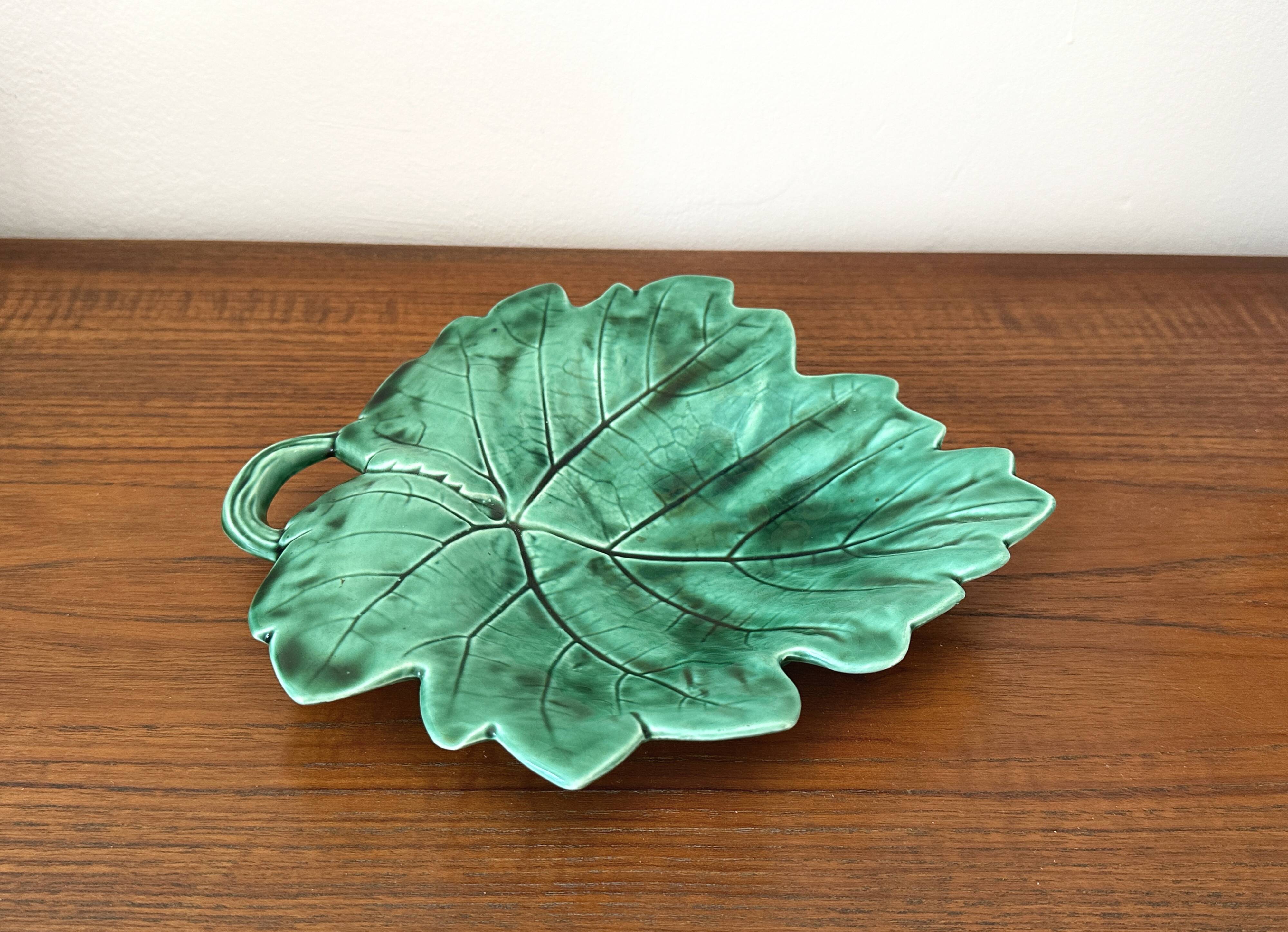 Vintage barbotine leaf faience dish empty pocket Sarreguemines
