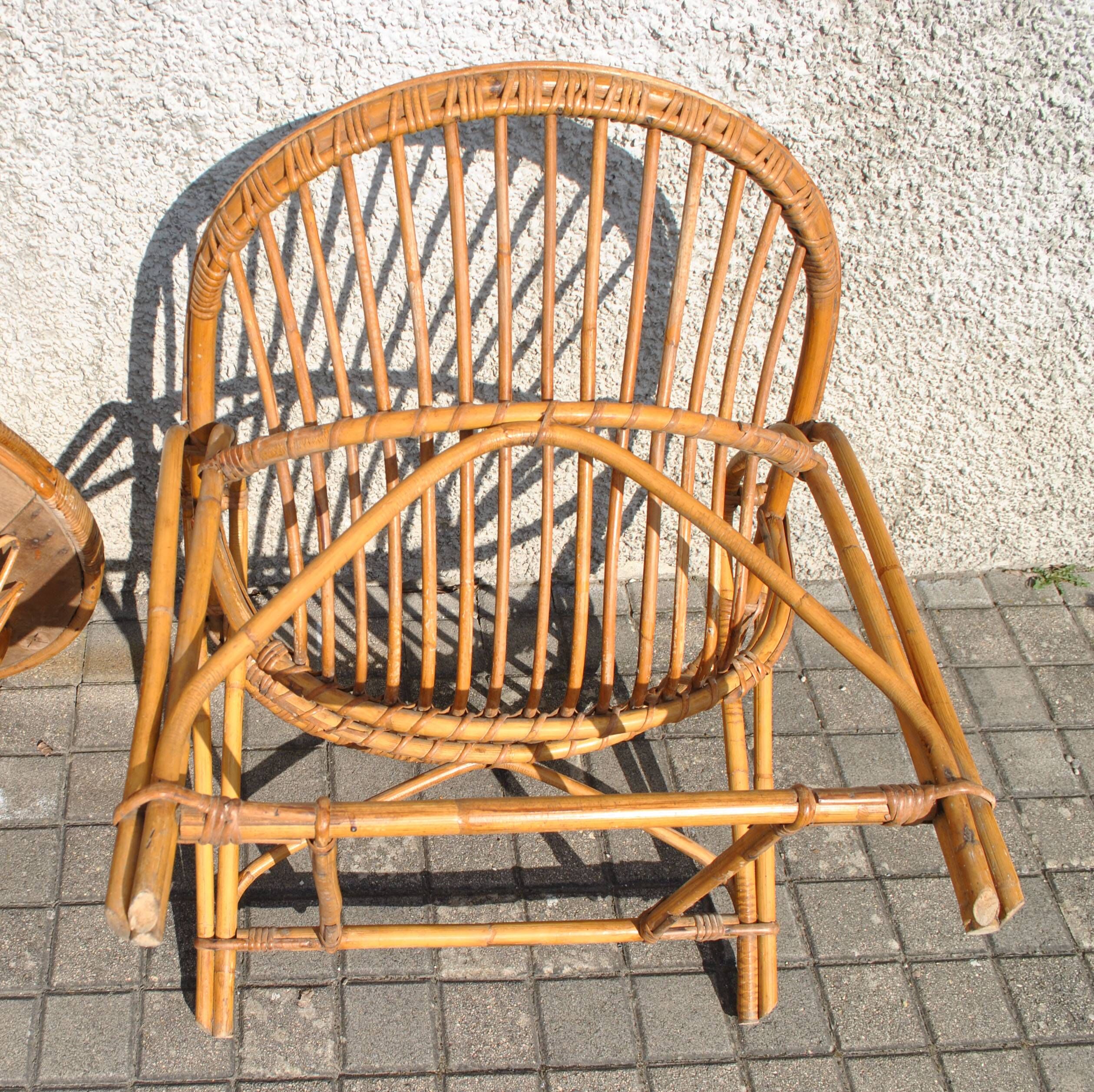 Vintage balcony garden furniture armchairs and table bamboo and rattan 1960