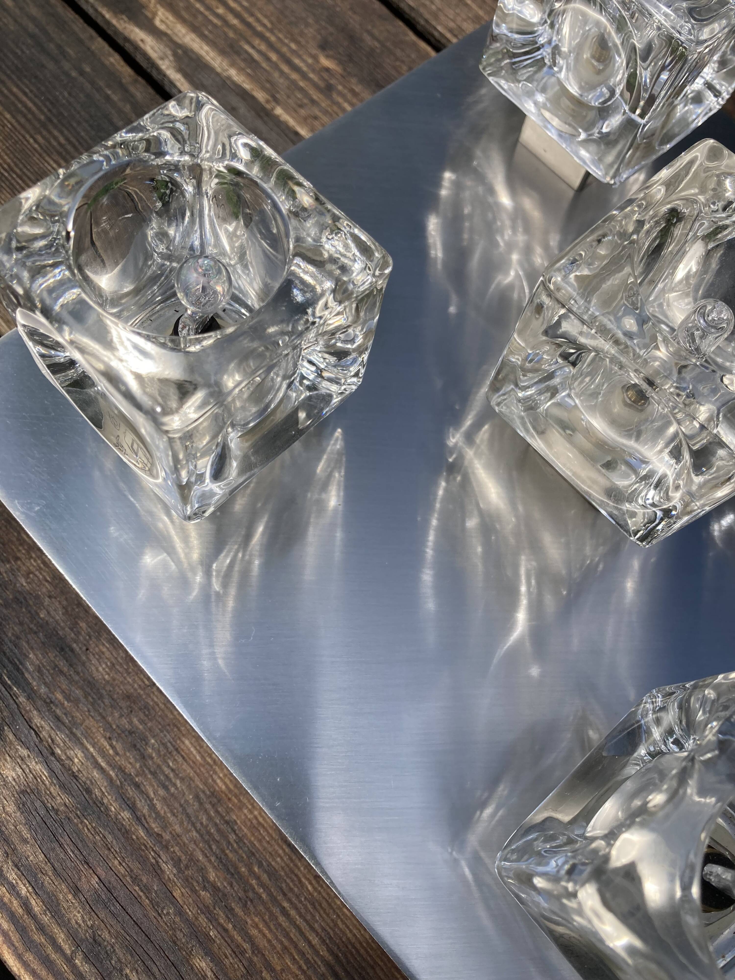 Brushed metal ceiling light and glass globes, 5 halogen candles