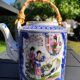 Asian, Japanese fine porcelain teapot with woven bamboo handle, vintage 50s