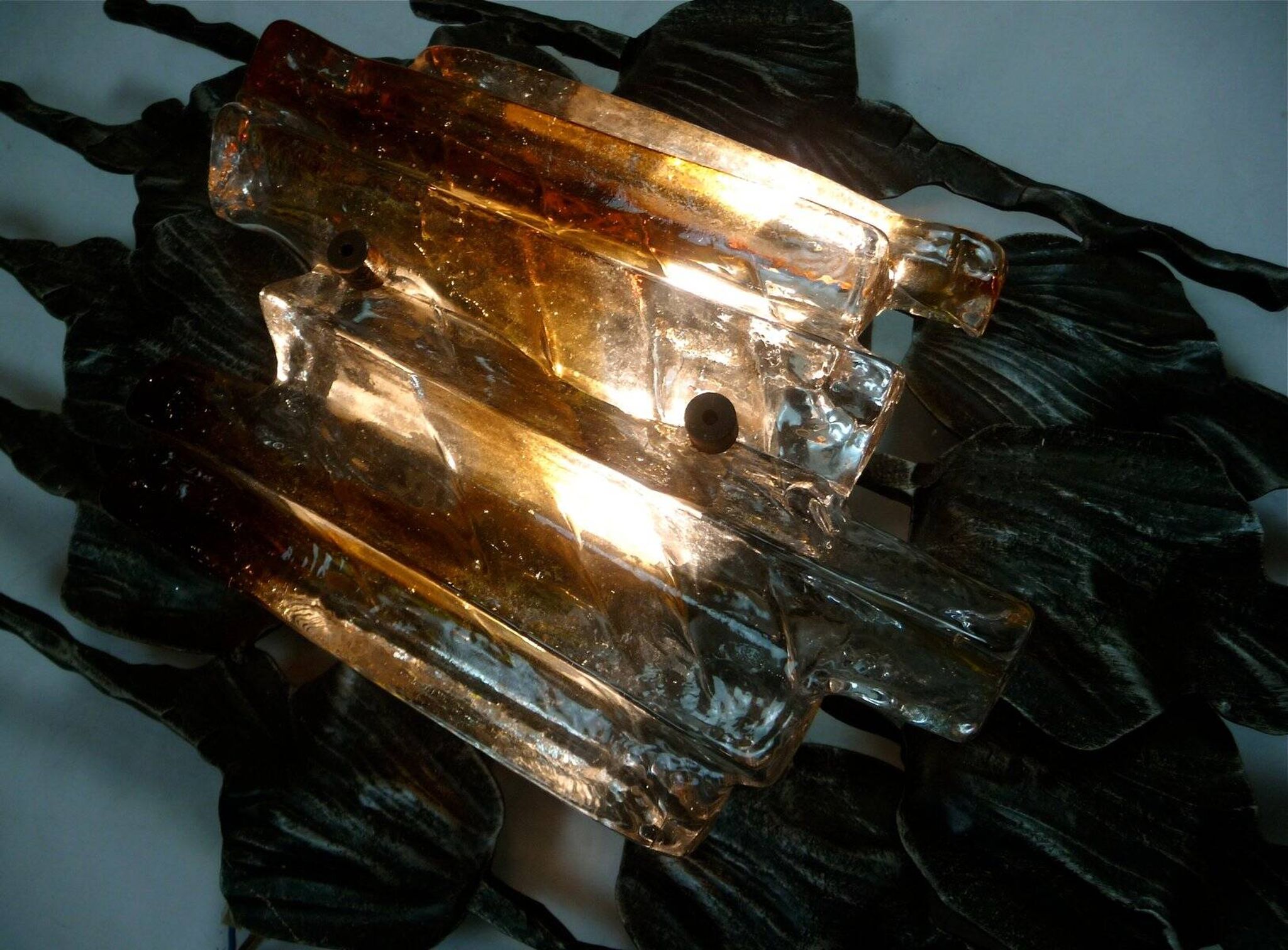 Large brutalist iron & ice Murano glass sconce / wall lamp, 1960s