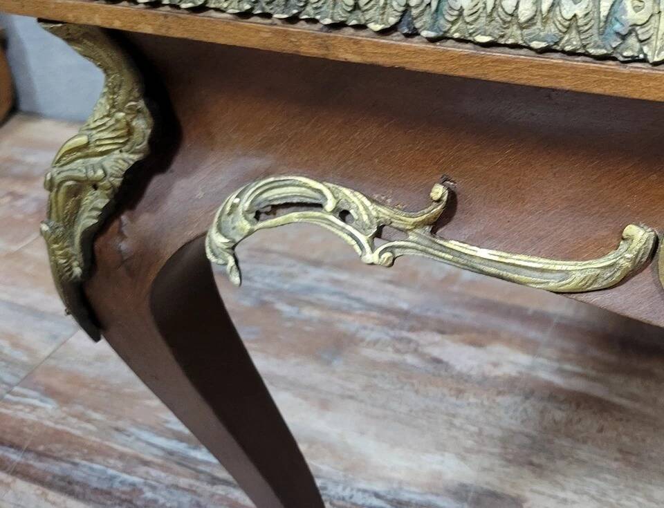 Louis XV style coffee table in marquetry and patinated bronzes circa 1950