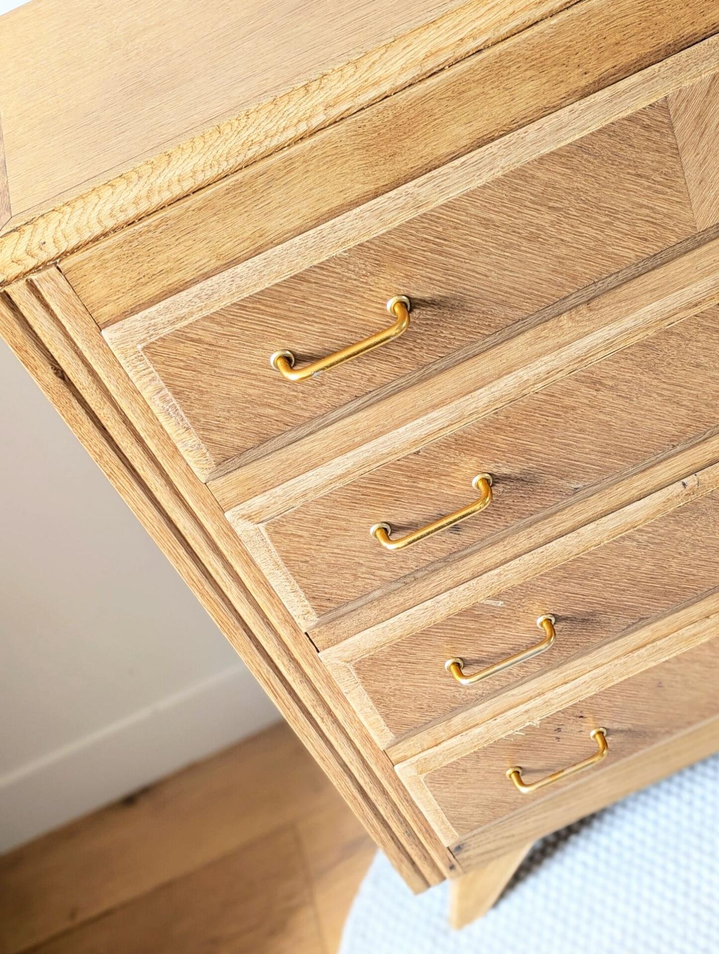 Commode vintage rénovée, chêne blond, pieds compas, années 50 60