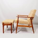 Scandinavian armchair and foot rest yellow mellow Boho upholstery fabric