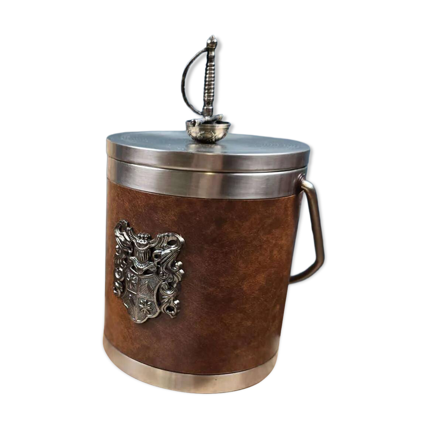 Vintage knight ice bucket – Coat of arms and sword handle – 1960s-70s