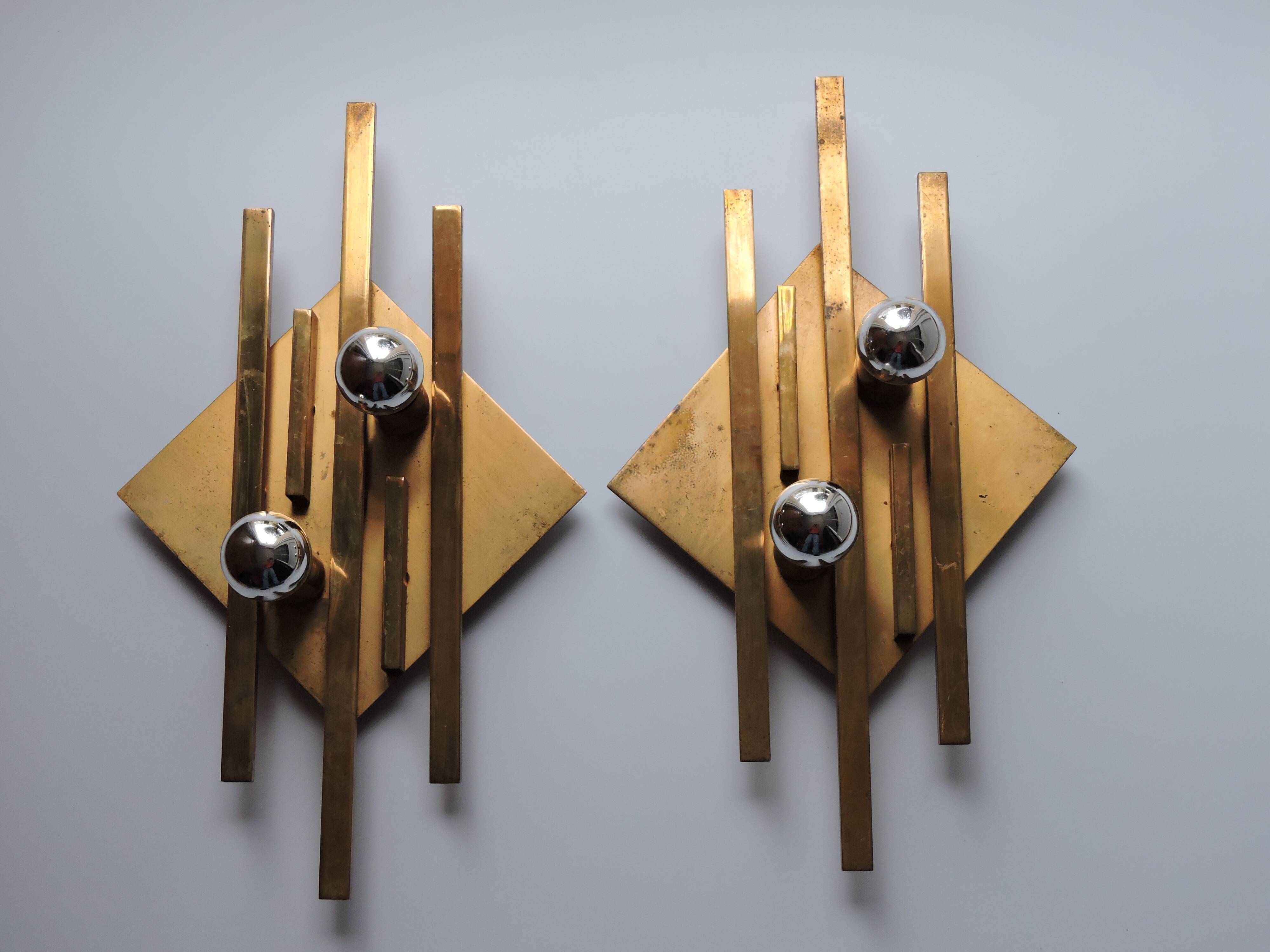 Pair of vintage geometric brass wall lamps