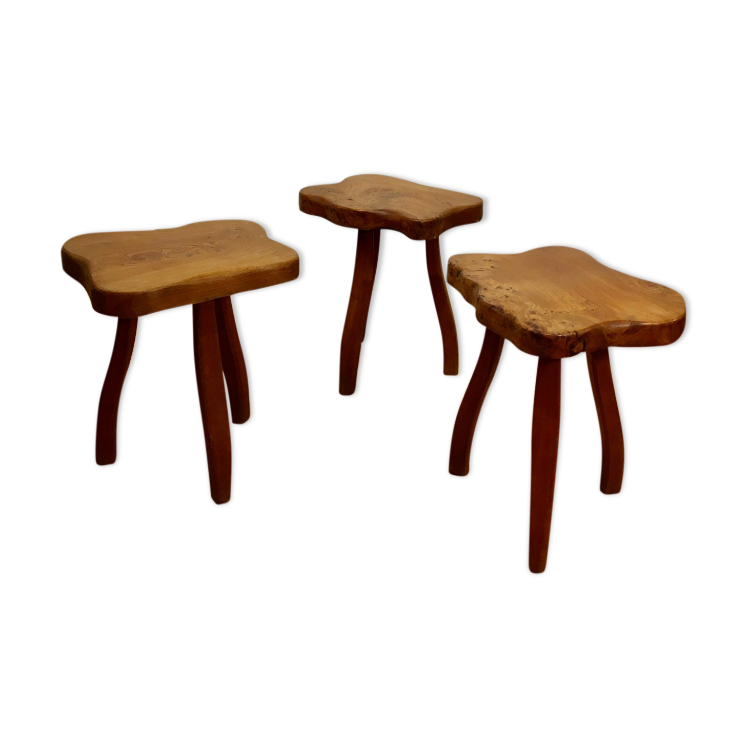 Brutalist tripod stools in solid elm, France 1960