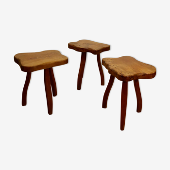 Brutalist tripod stools in solid elm, France 1960