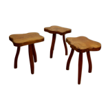Brutalist tripod stools in solid elm, France 1960