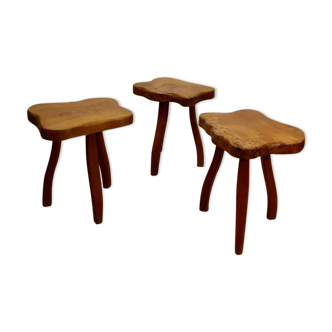 Brutalist tripod stools in solid elm, France 1960