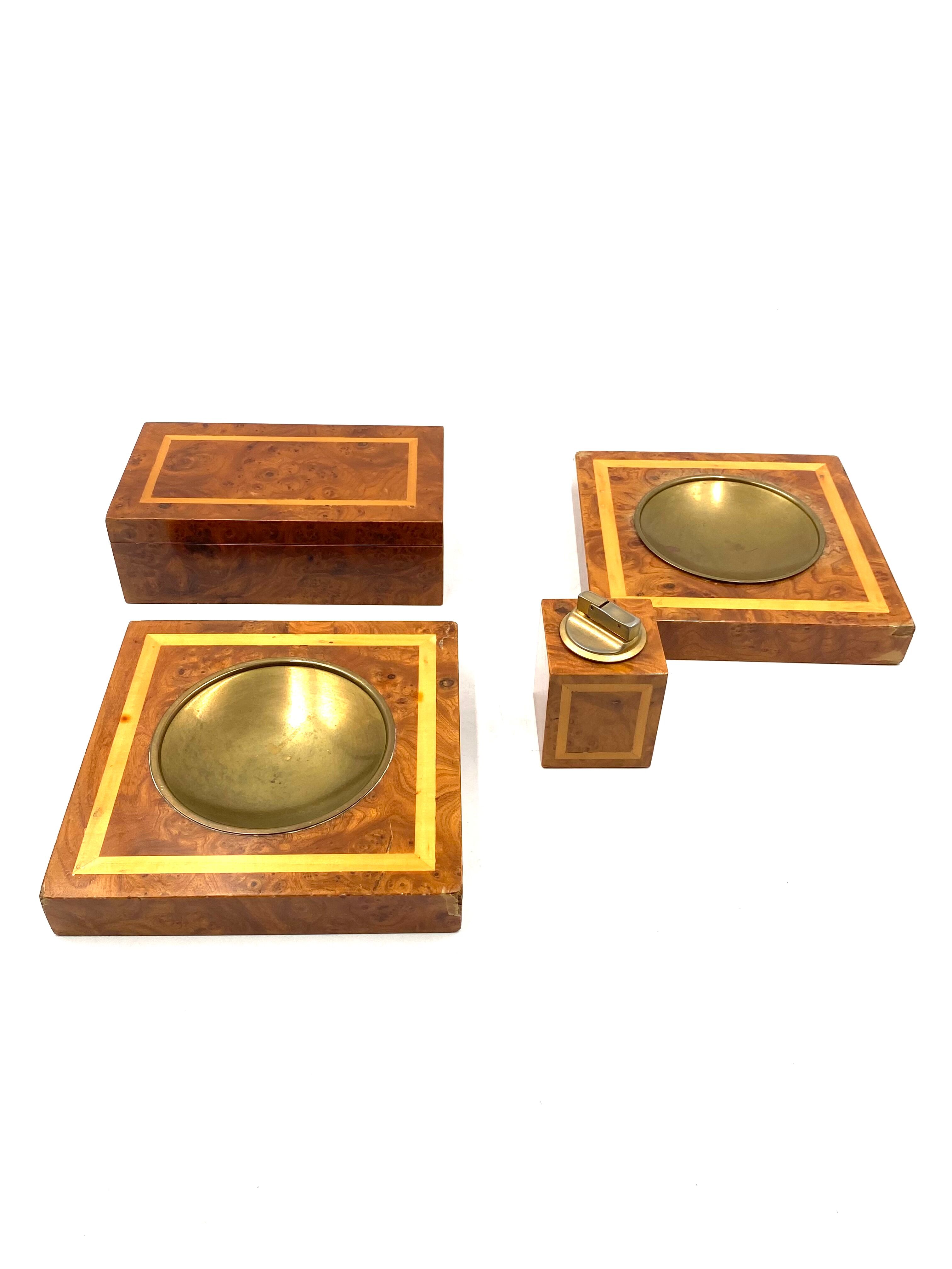Smoking Set, brass and wood ashtrays, lighter and cigars box, Italy 1970