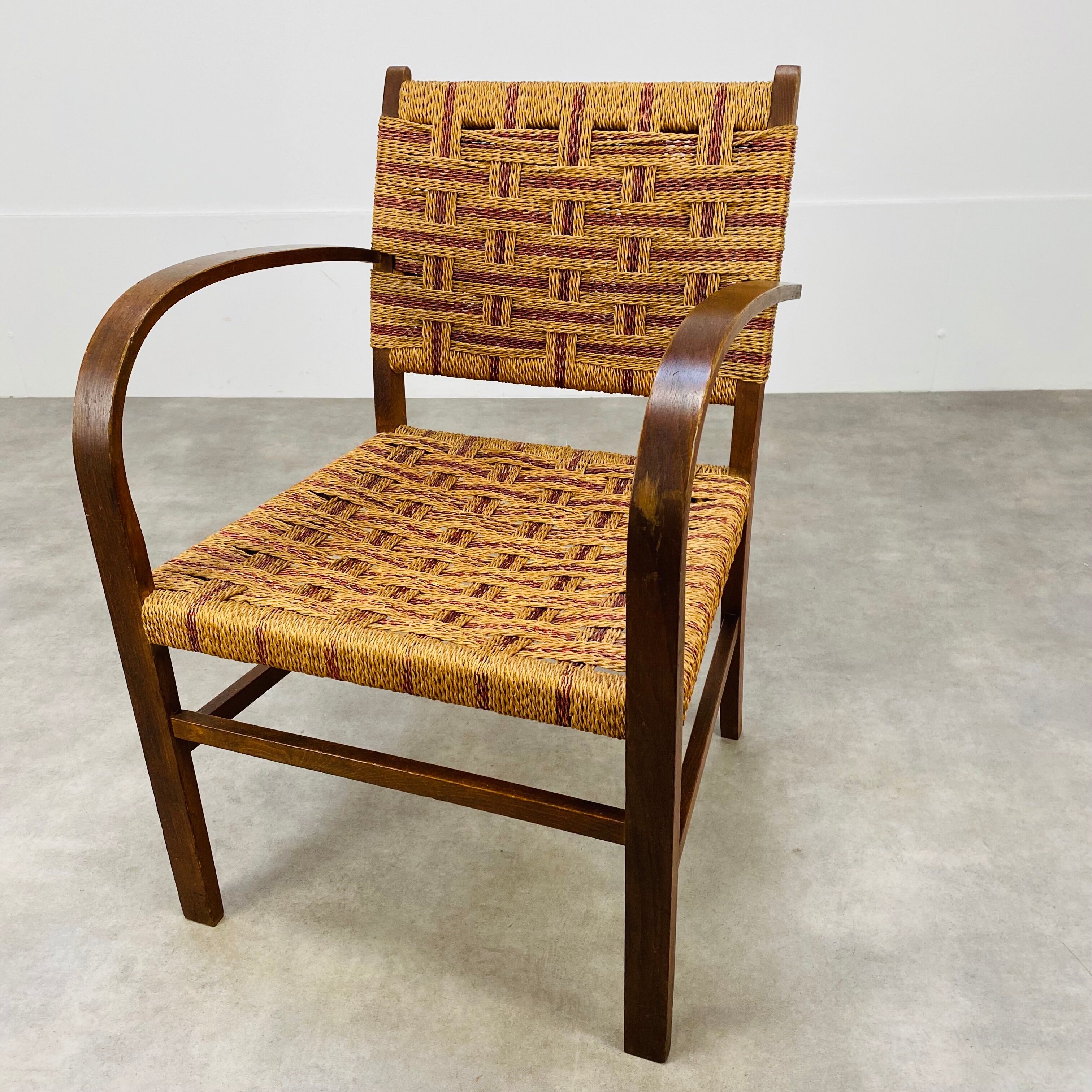 Scandinavian armchair in wood and vintage straw rope