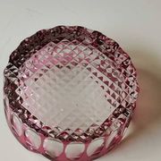 Large Val St-Lambert Ashtray/Vacuum Bin. Cranberry. Oval/Cross-hatched Patterns. Diam 15.5 cm