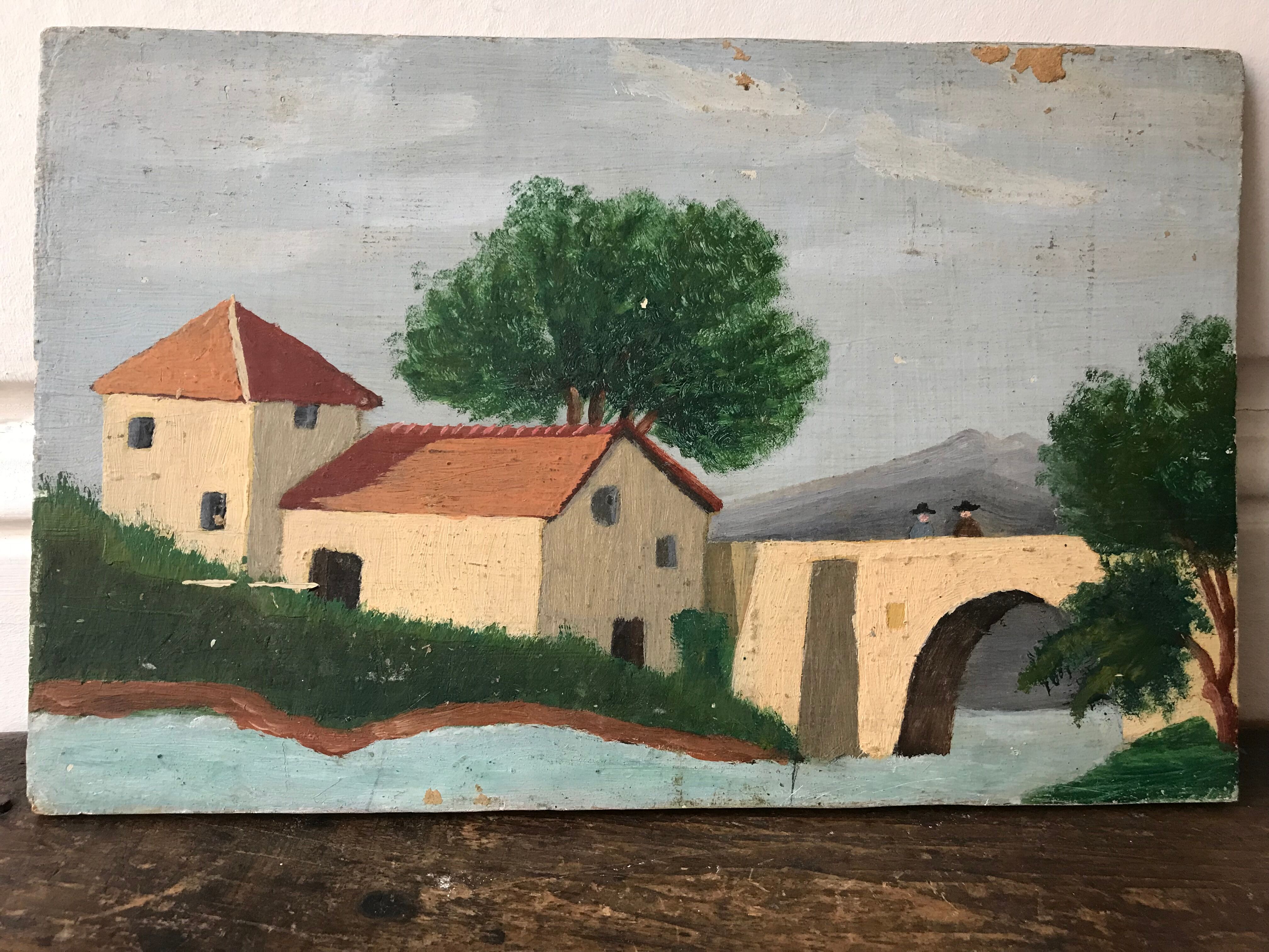 Painting oil old naïve landscape