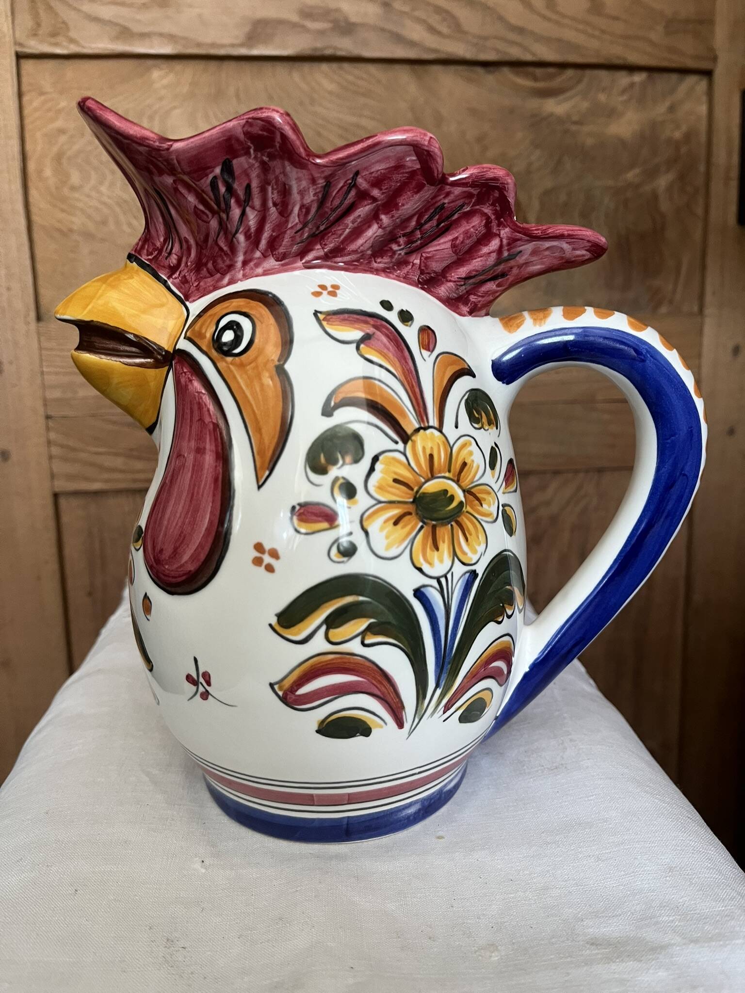 Spanish earthenware pitcher - hand-painted rooster head