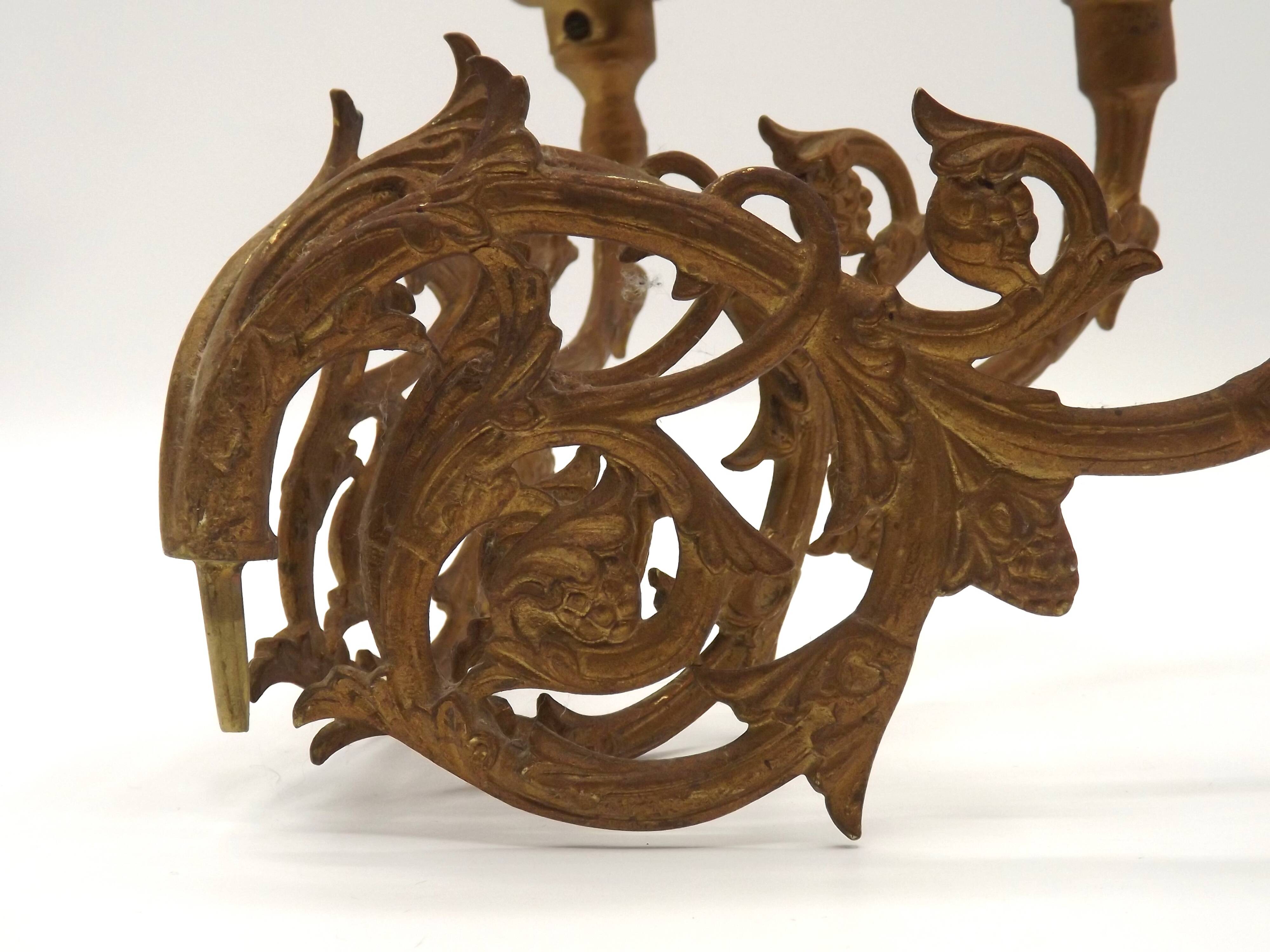 Stunning Pair of Large Antique 3-Arm Gilt Bronze Piano Sconce Candle Holders 4916