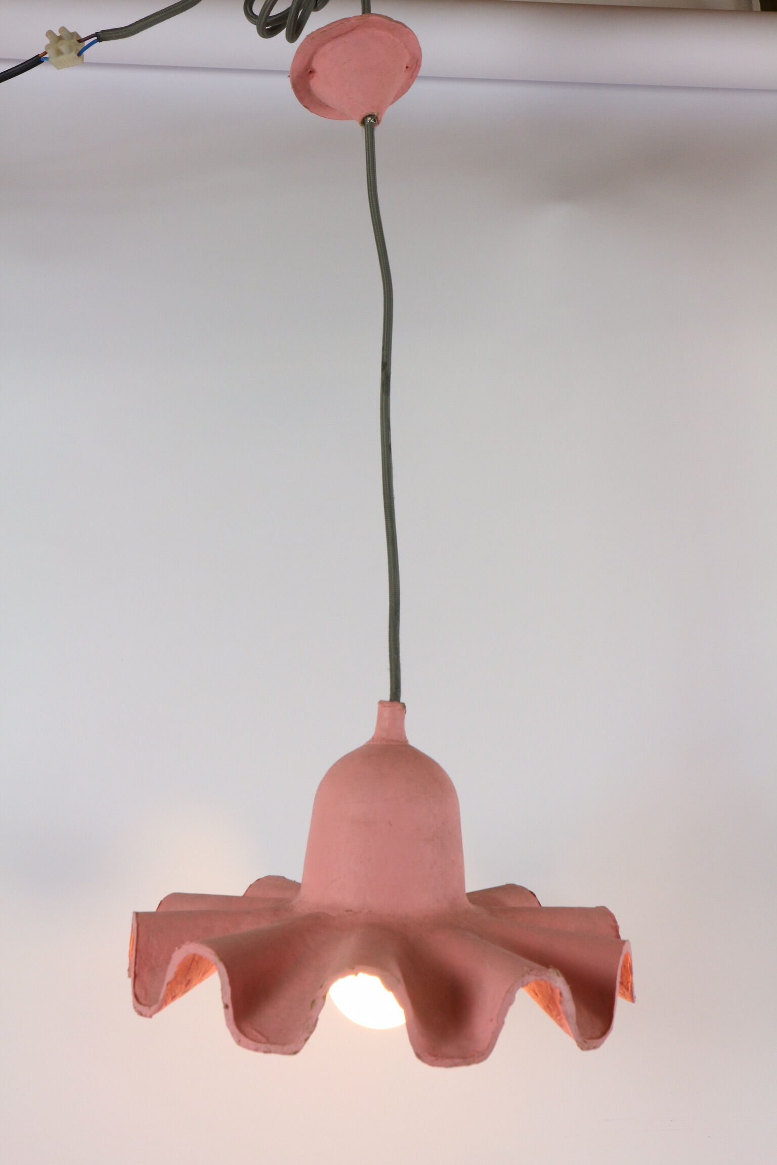 Two lamps/ pendant lamps in recycled cardboard, pink and green, seletti