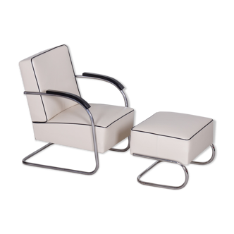 White Mucke Melder armchair and ottoman - 1930s Czechia