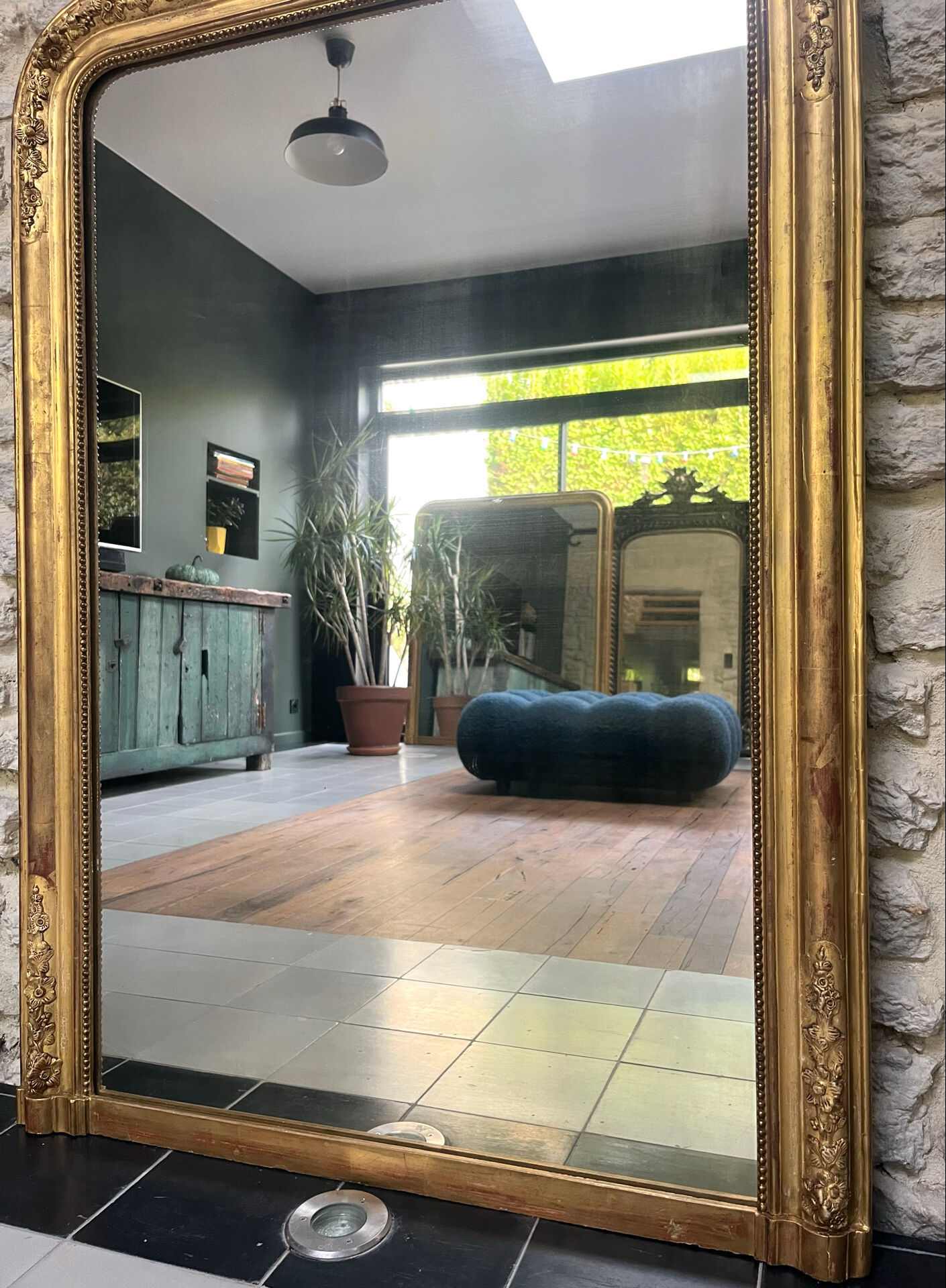 Miroir de cheminée Louis-Philippe perlé 126/90cm feuille d’or, glace