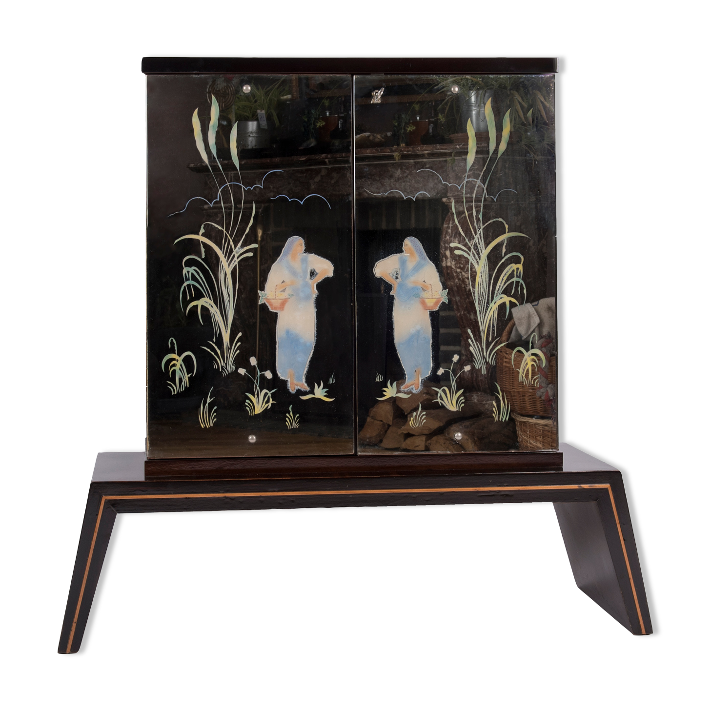 Art-deco bar furniture in macassar and acid-engraved mirror