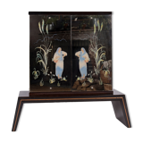 Meuble bar art-déco en macassar et miroir gravé à l'acide