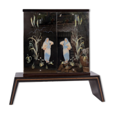 Meuble bar art-déco en macassar et miroir gravé à l'acide