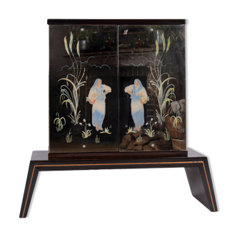 Meuble bar art-déco en macassar et miroir gravé à l'acide