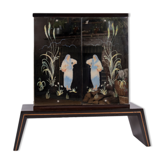 Art-deco bar furniture in macassar and acid-engraved mirror