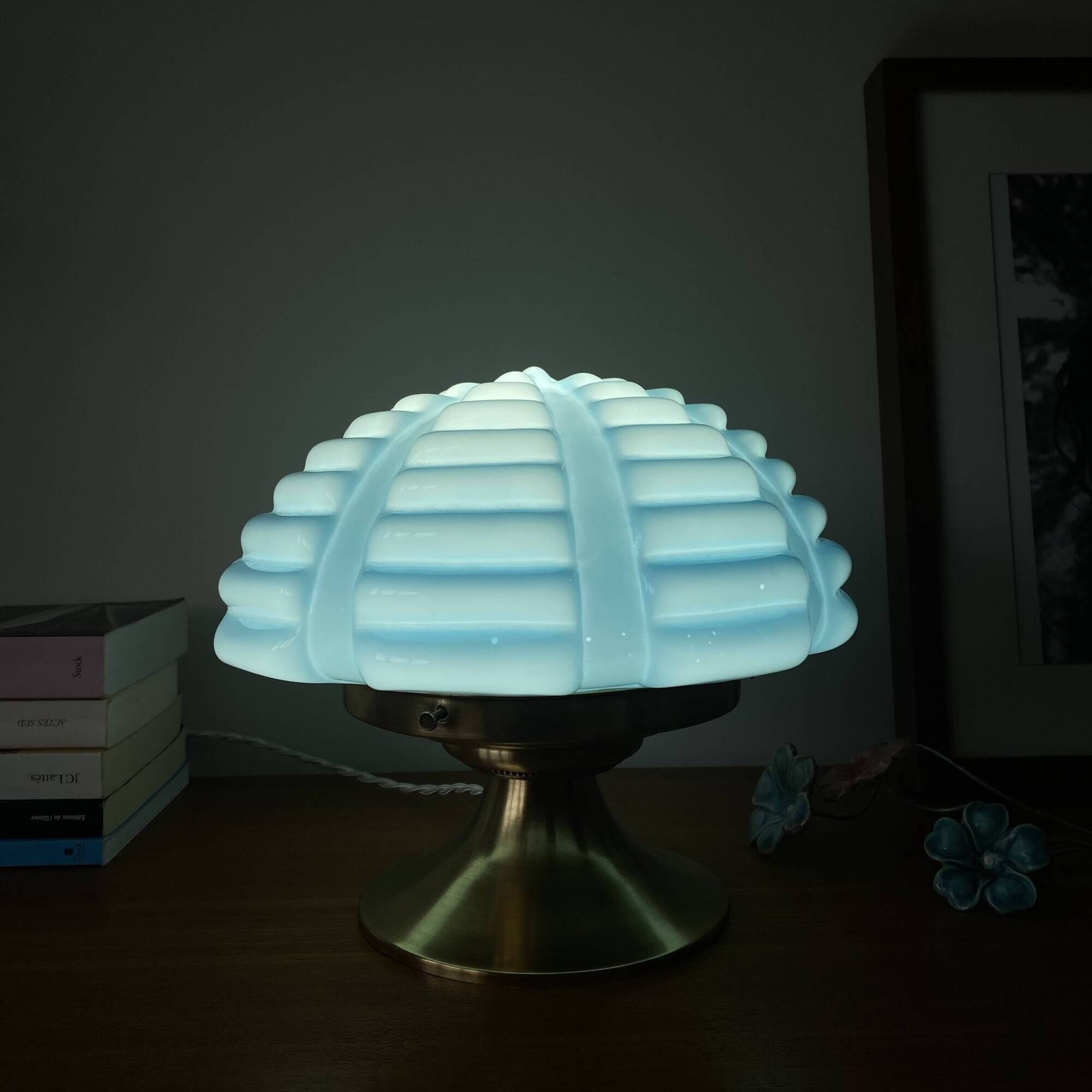 Vintage Art Deco modernist lamp with blue opaline glass and brass.