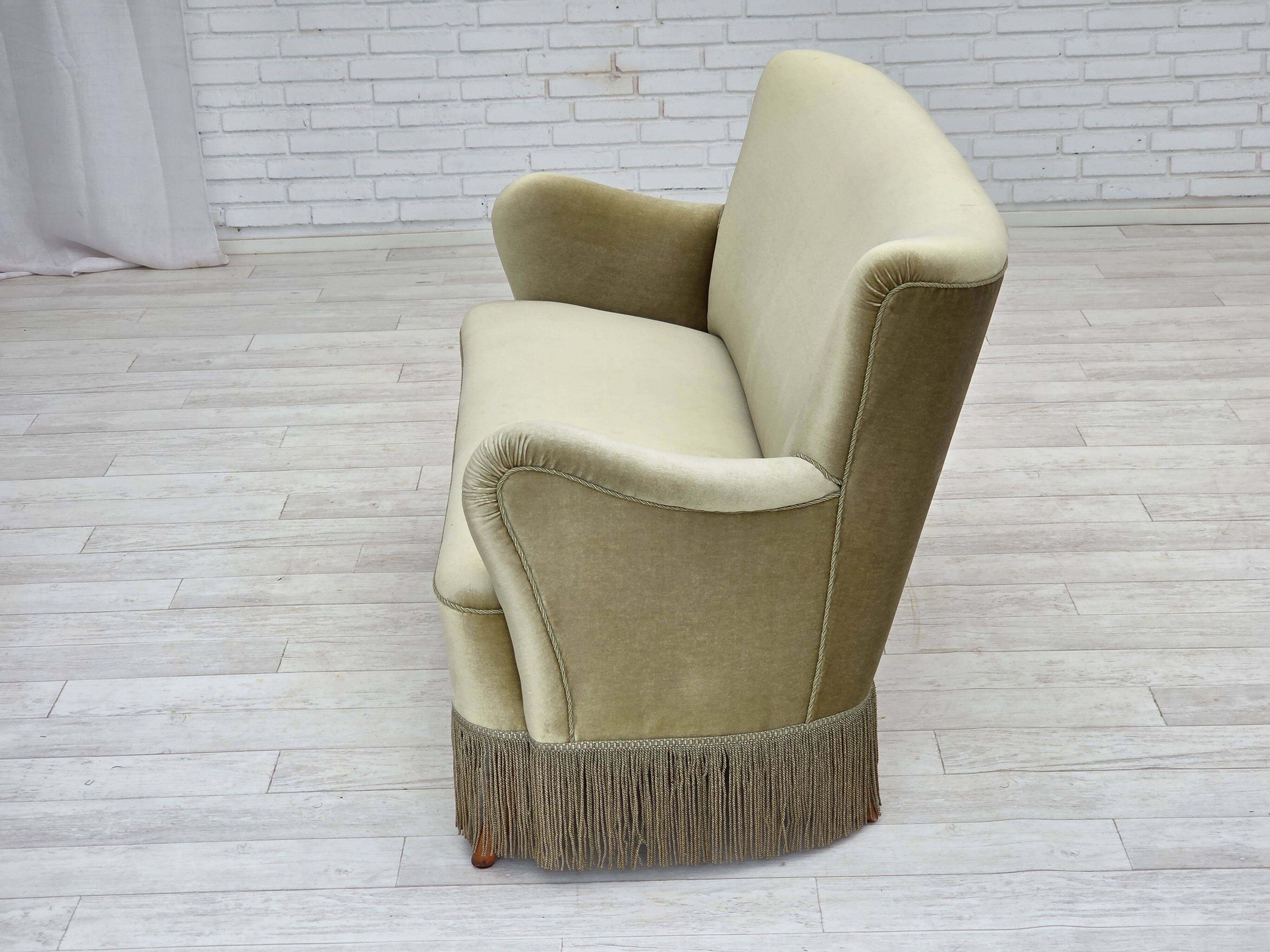 1960s, Danish 2-seater sofa, green furniture velour, beech wood legs.