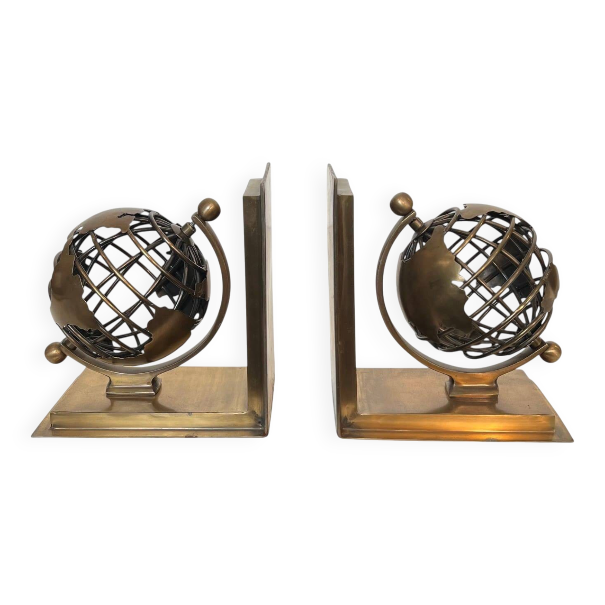 Pair of Brass Bookends with Openwork Globe Decorations. Work