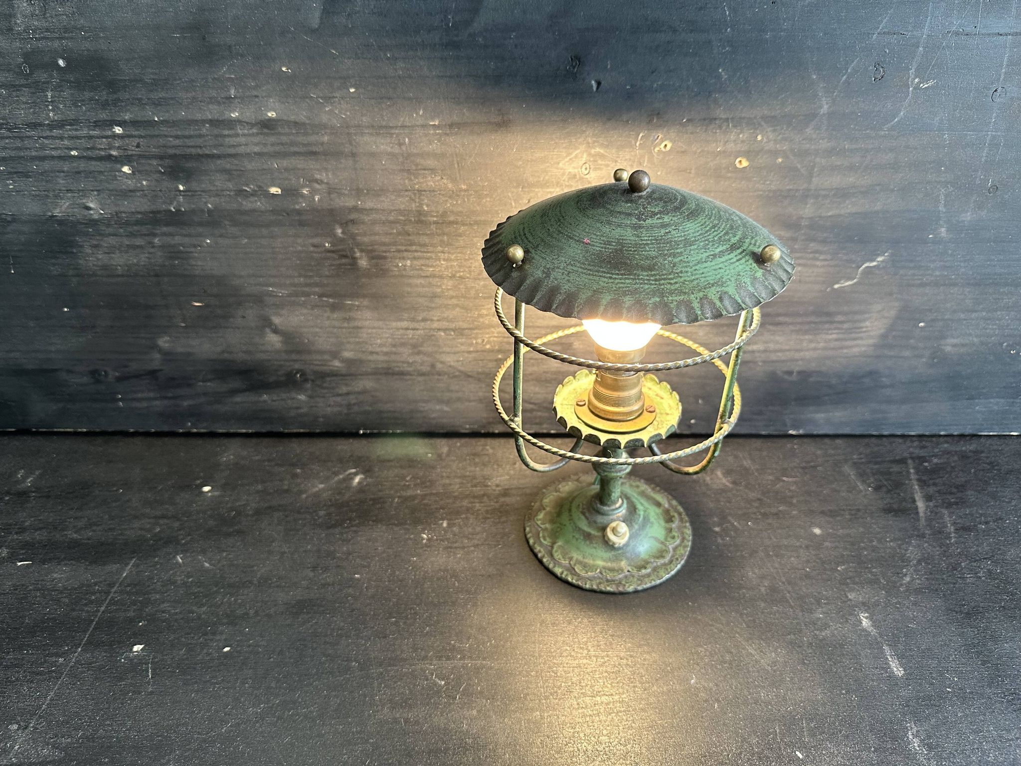 Antique patinated green metal lamp, Art Nouveau style, early 20th century.