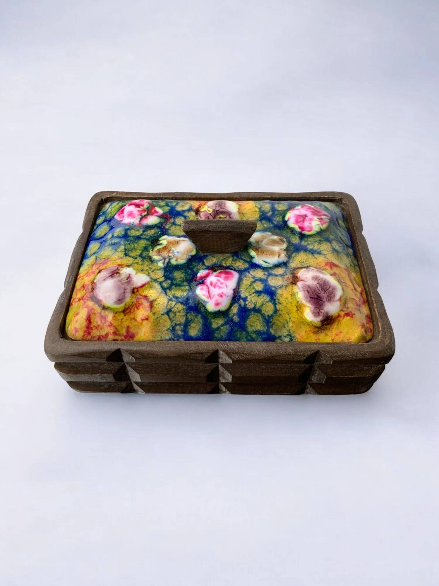 Modernist wood and enamel vanity box by J. Capo Esmaltes, 1970, Spain