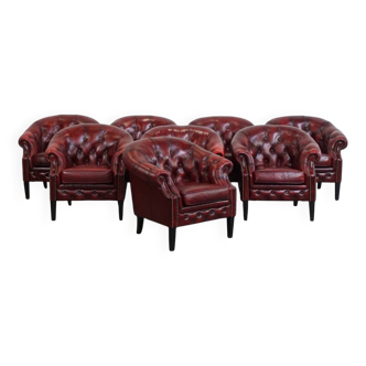Set of 8 English Cowhide Leather Chesterfield Club Chairs in a Red Color