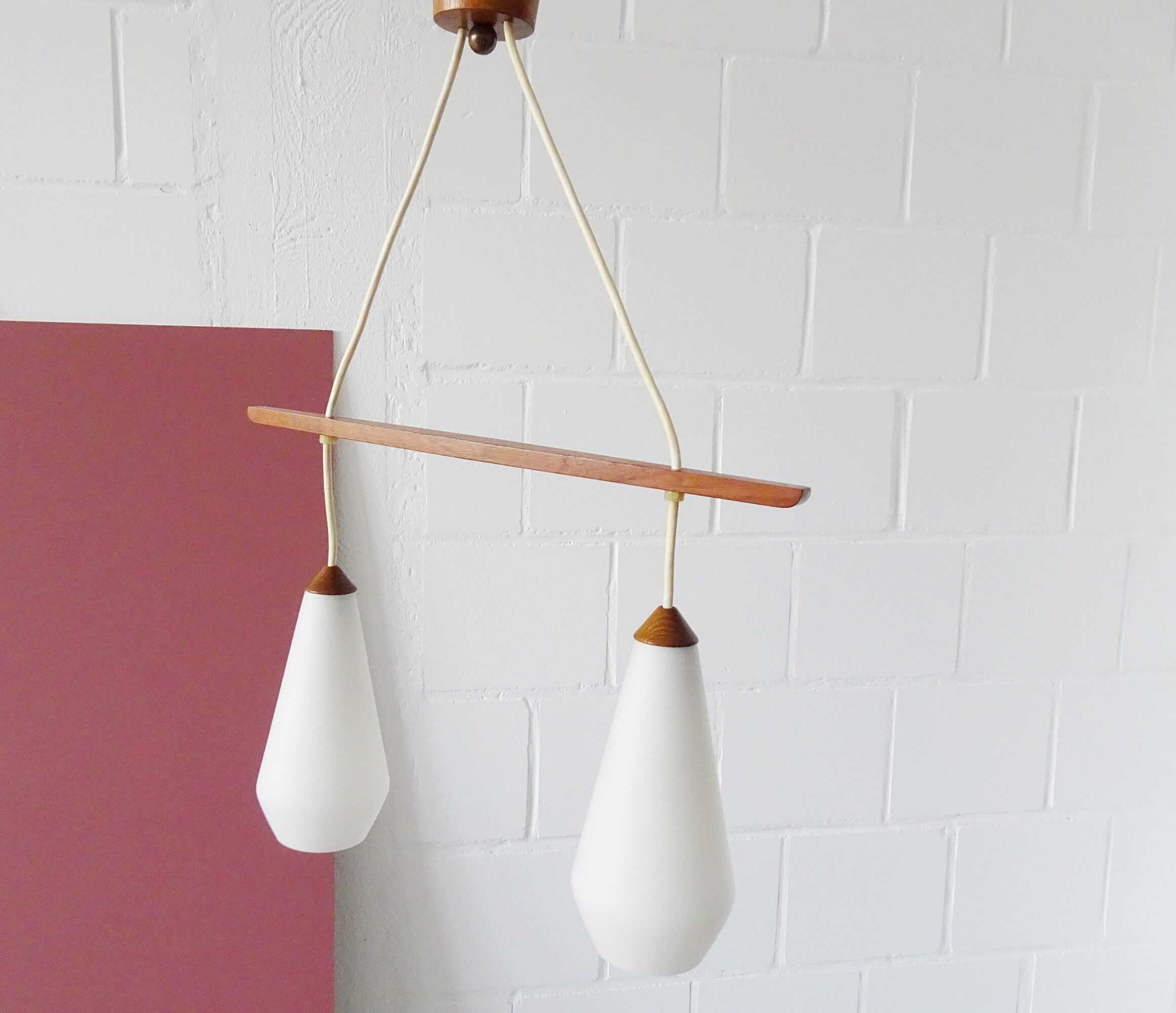 Scandinavian hanging lamp teak opal glass