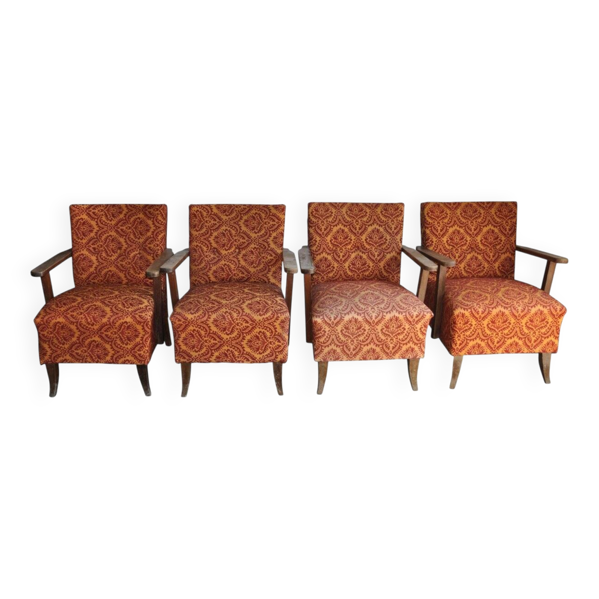 Set of 4 multicoloured mid-century armchairs in fabric and wood, 1950s.