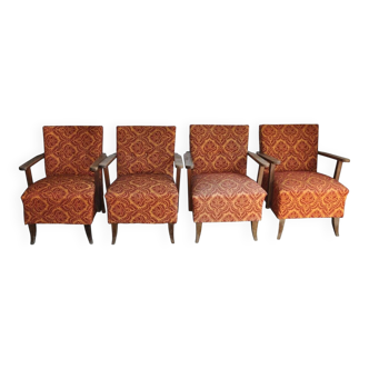 Set of 4 multicoloured mid-century armchairs in fabric and wood, 1950s.