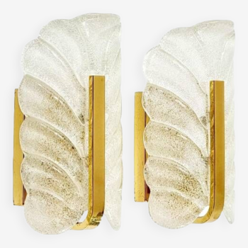 Pair of Scandinavian Glass & Brass Leaf Wall Lights by Carl Fagerlund for Orrefors, 1960s