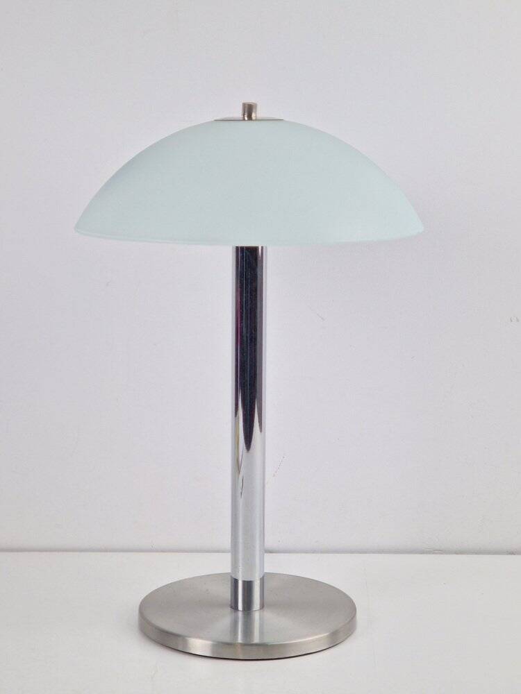 Mid-Century Mushroom Table Lamp in Sandblasted Glass, Stainless Steel & Chrome, 1960s