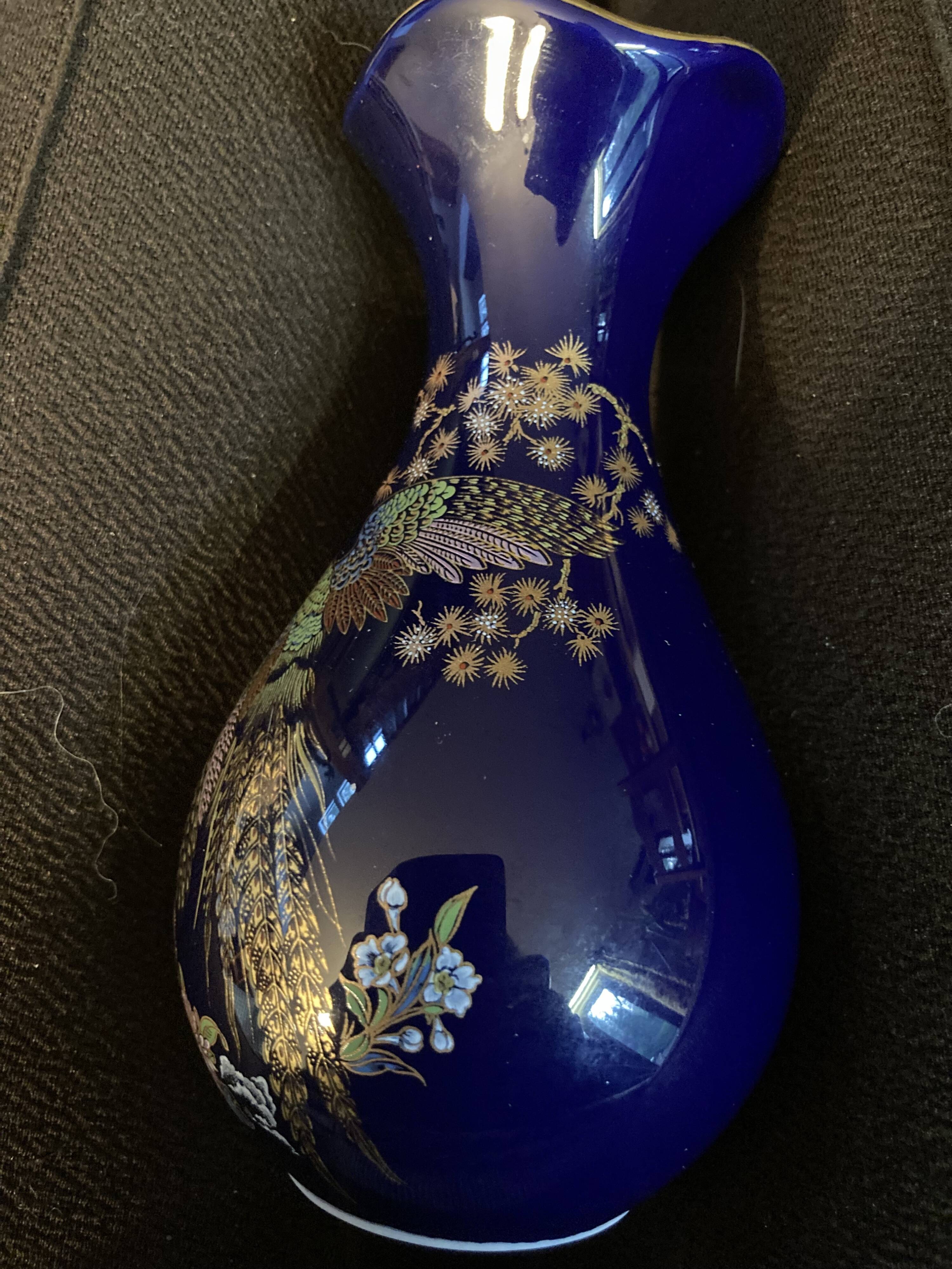 Limoges porcelain vase cobalt blue peacock motif orientalist flowers