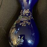 Limoges porcelain vase cobalt blue peacock motif orientalist flowers