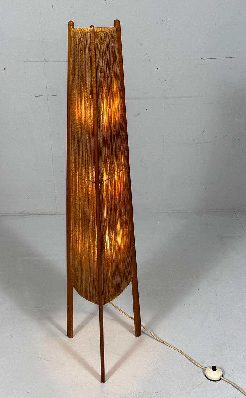 Mid-century floor lamp, sisal/teak wood, Temde, Switzerland, 1960s.