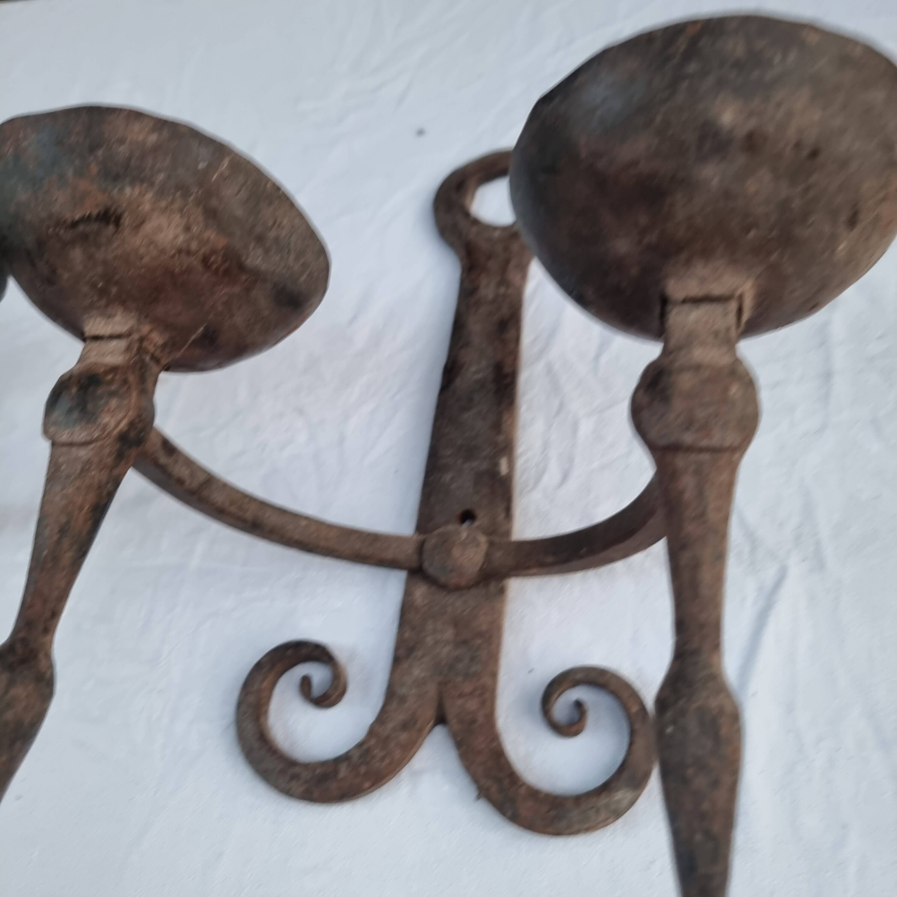 Pair of antique 15th century medieval castle wrought iron candlesticks