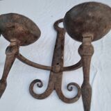 Pair of antique 15th century medieval castle wrought iron candlesticks