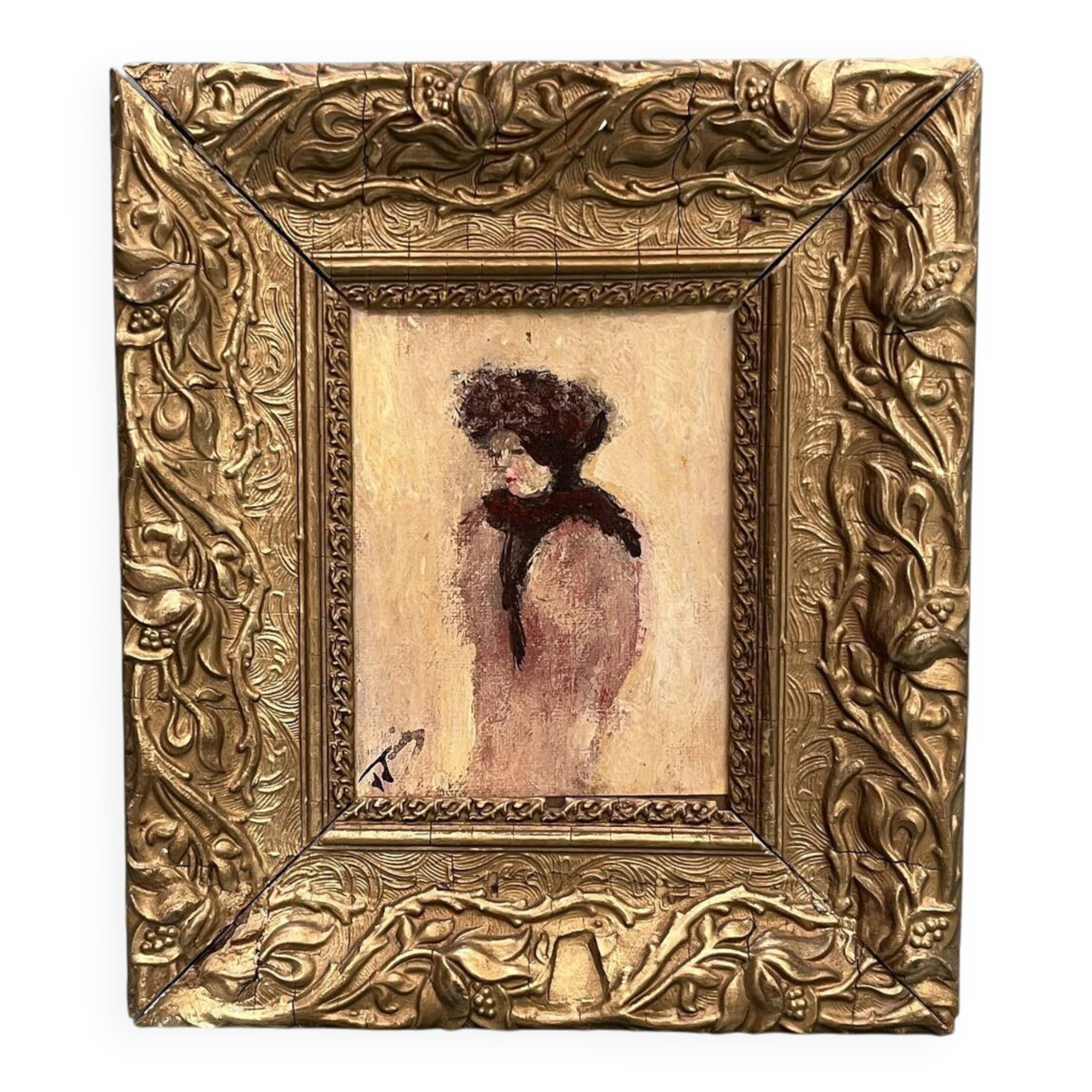 Miniature painting from the early 20th century "The Woman with the Mink" signed JJB
