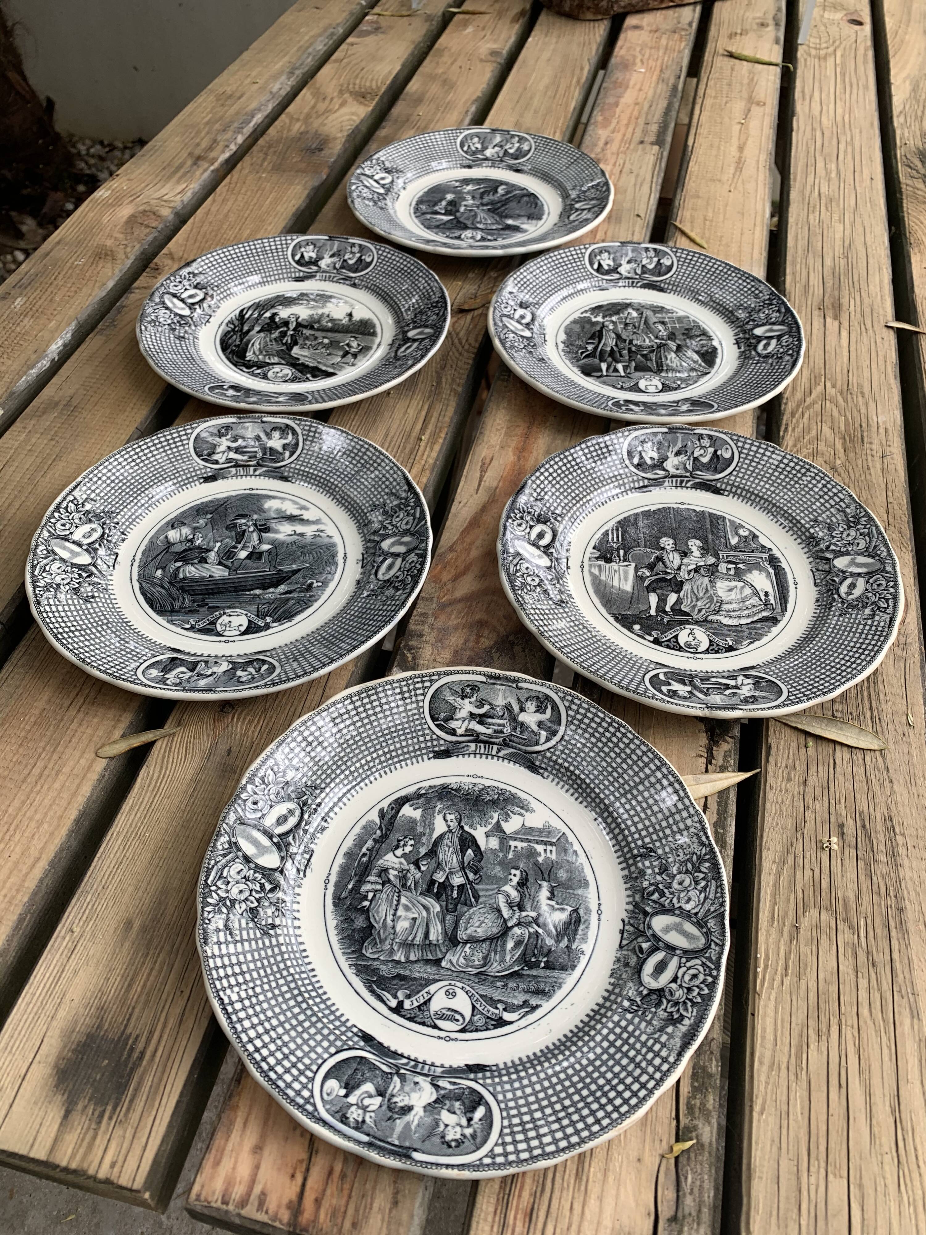 6 black dessert plates Old and Johnston Bordeaux 19th century astrology