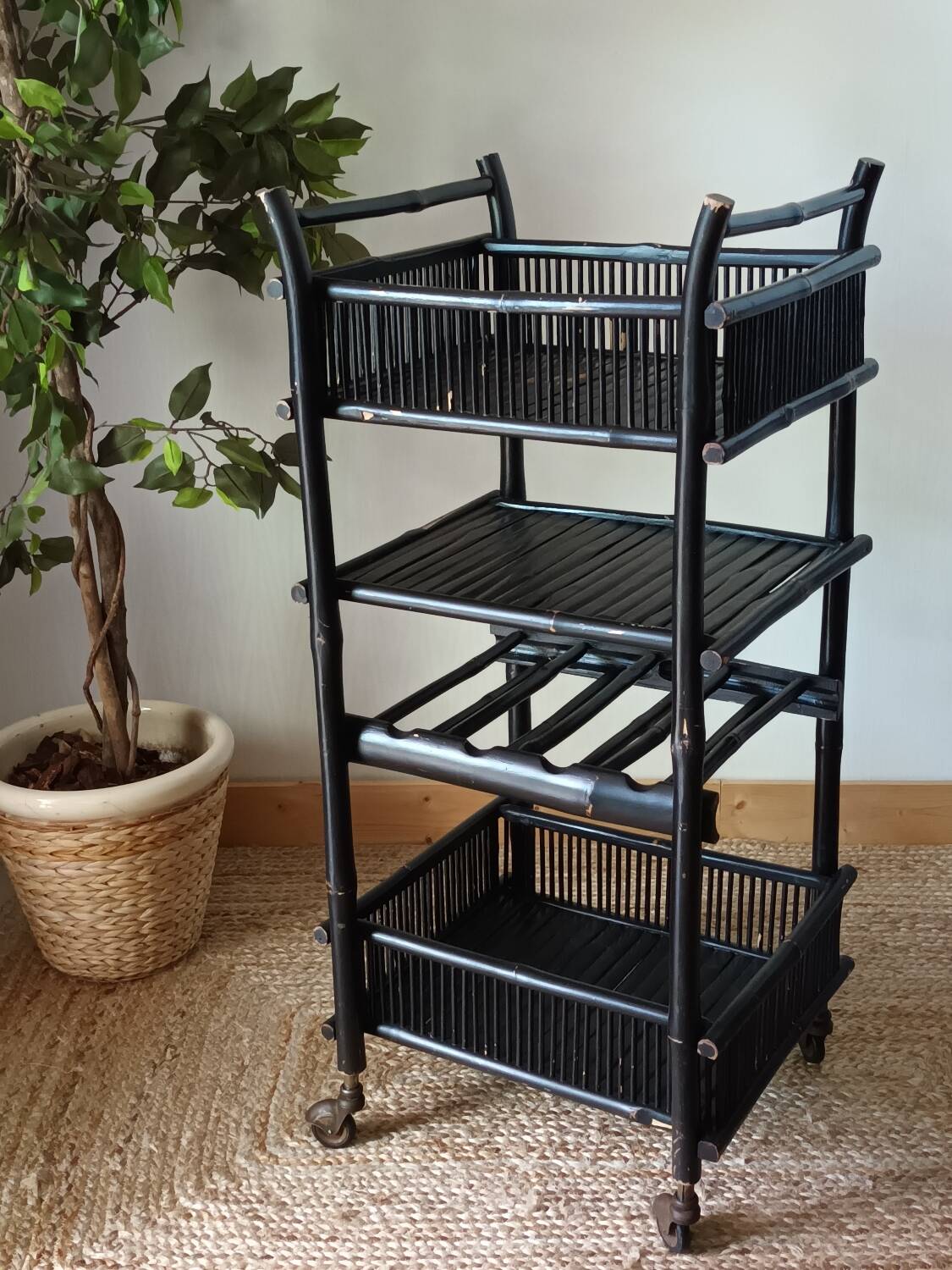 Vintage 50's black lacquered bamboo trolley