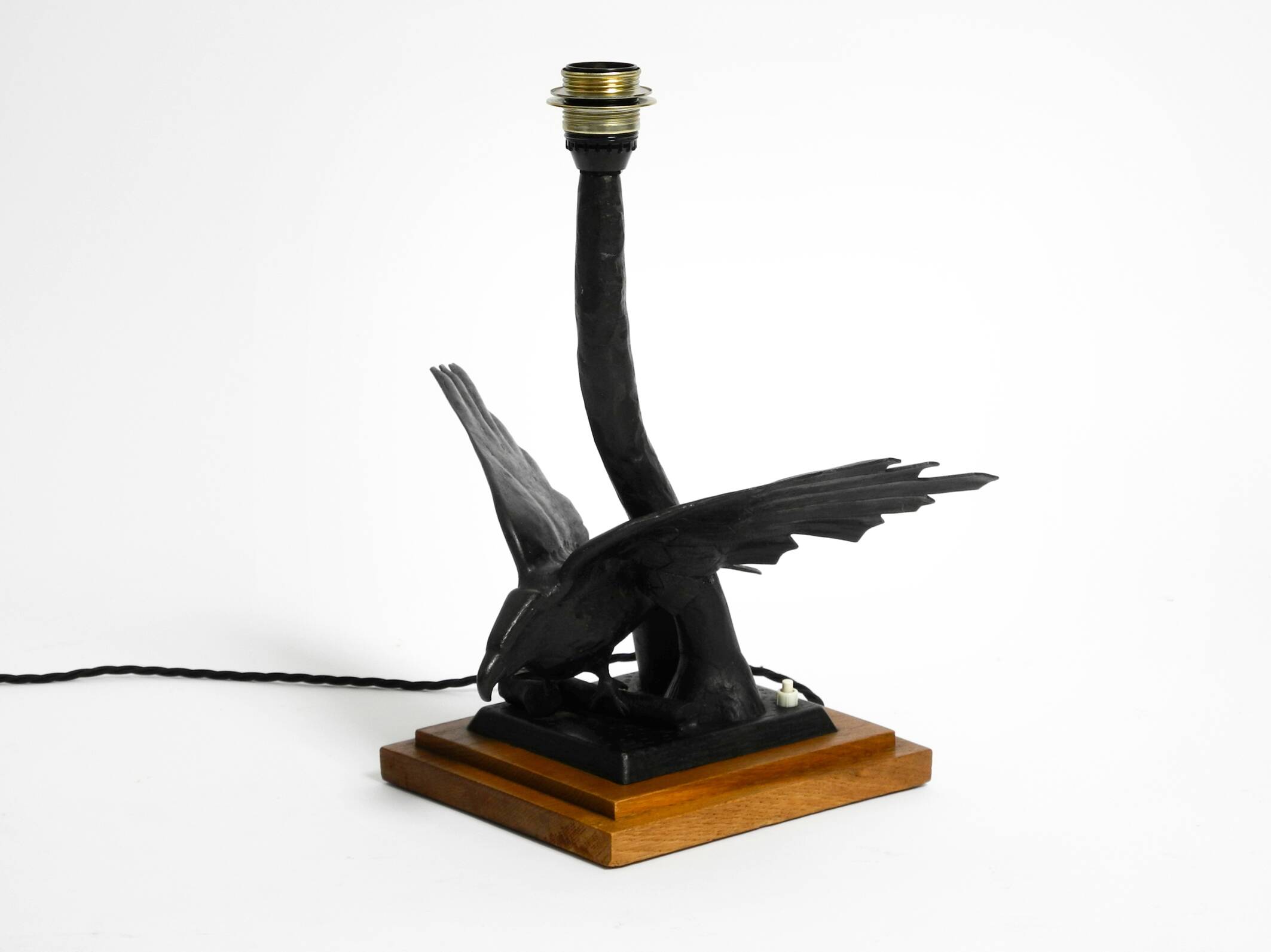 1940s table lamp made of iron in the shape of an eagle, teak wooden base