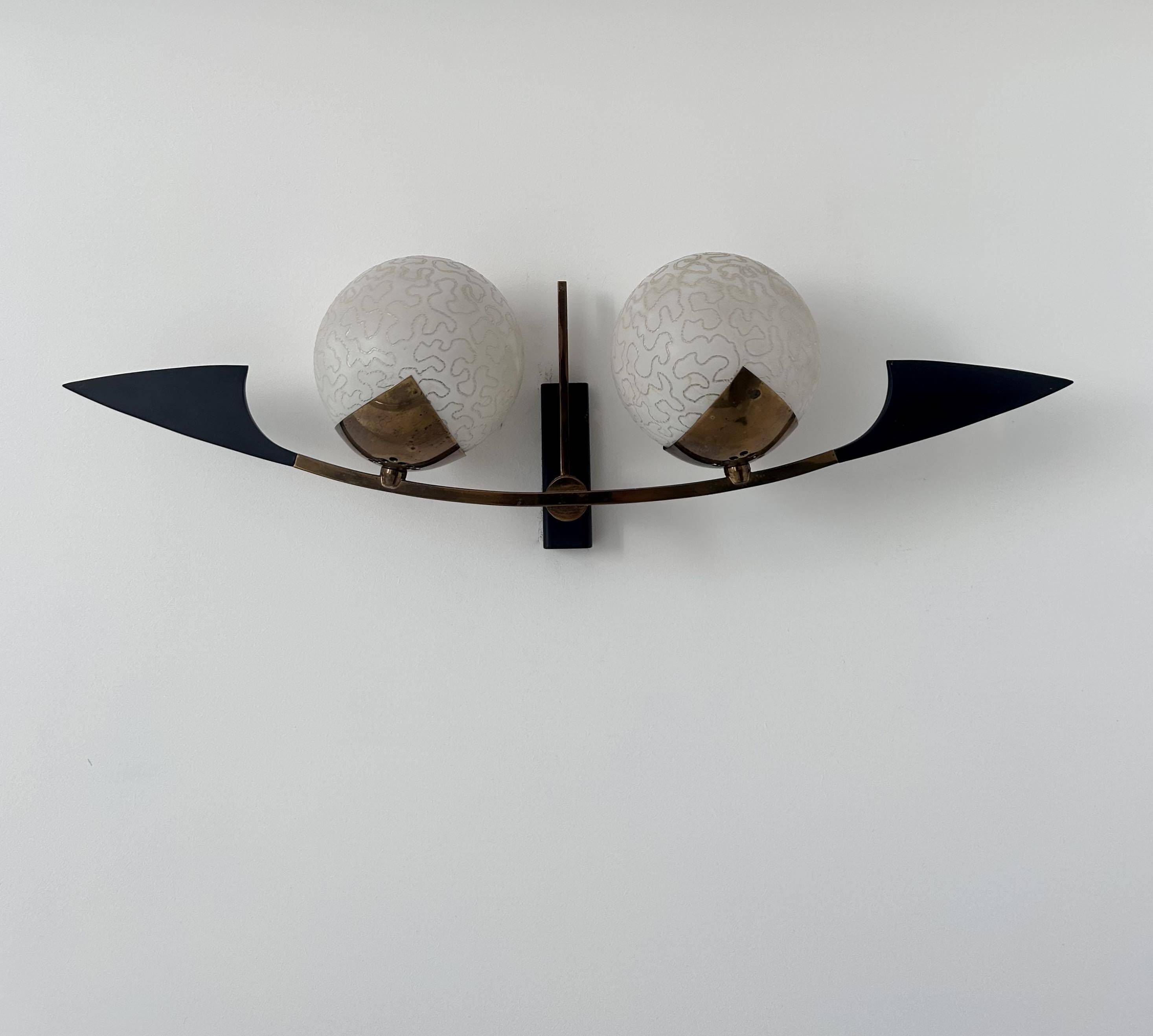 Vintage brass and opaline wall lamp, Arlus, France 1960s