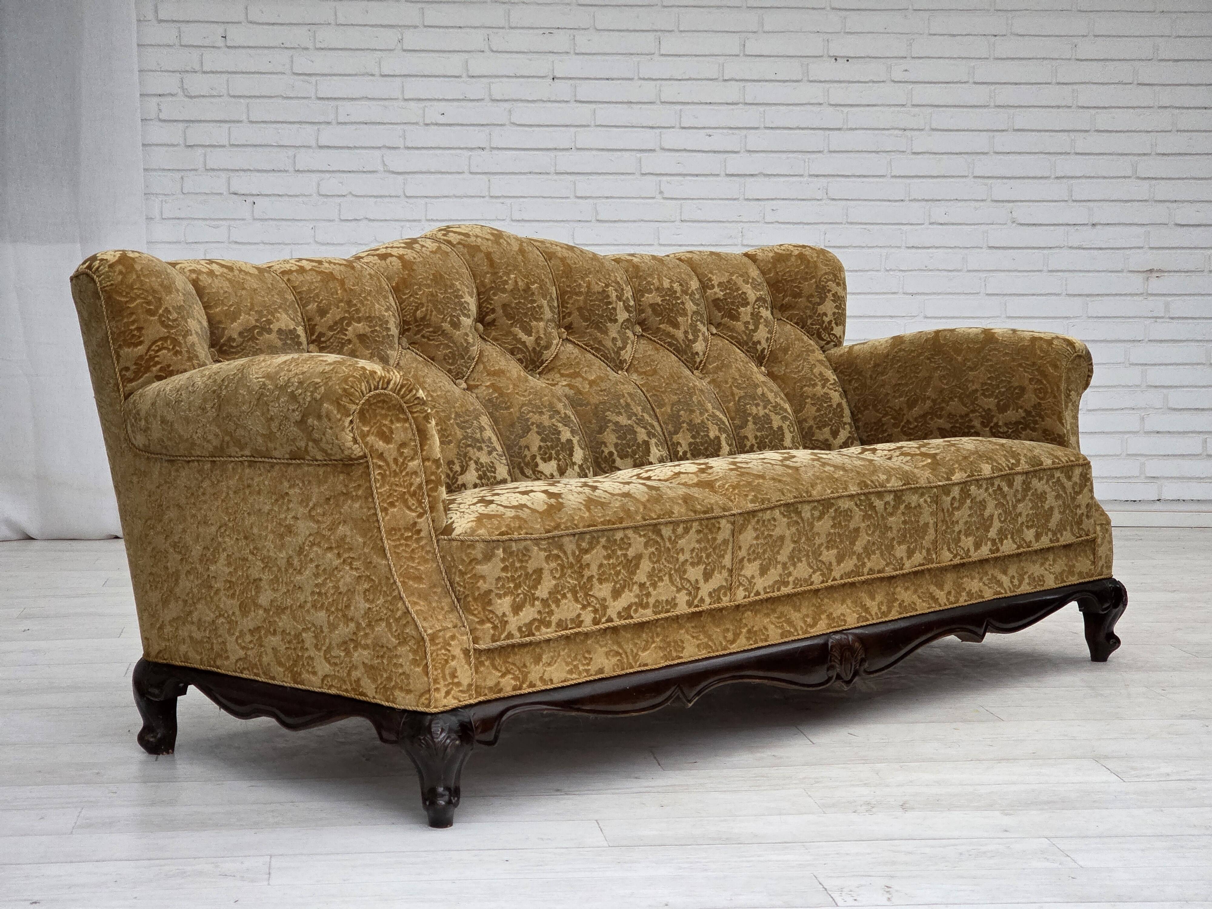 1950s, Danish 3-seater sofa, furniture velour, carved oak wood.